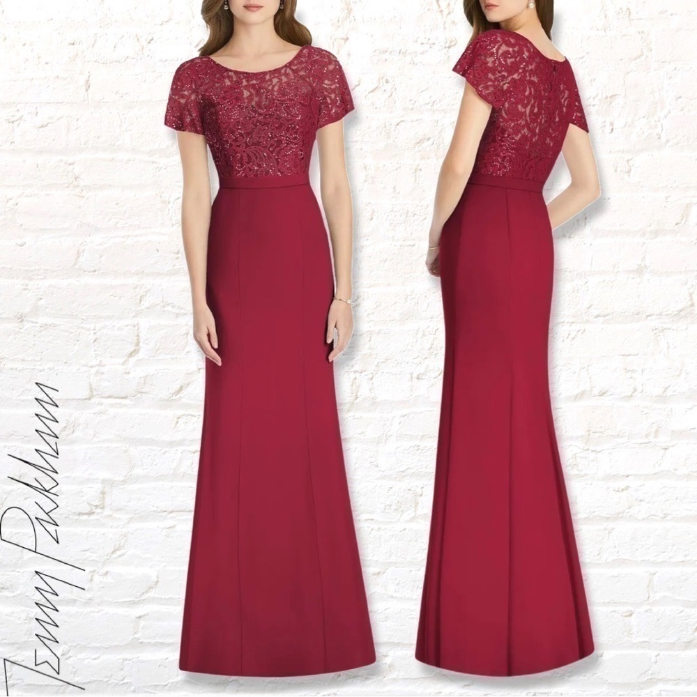 Jenny Packham Marquis Lace Crepe Burgundy Gown Maxi Dress Size 14